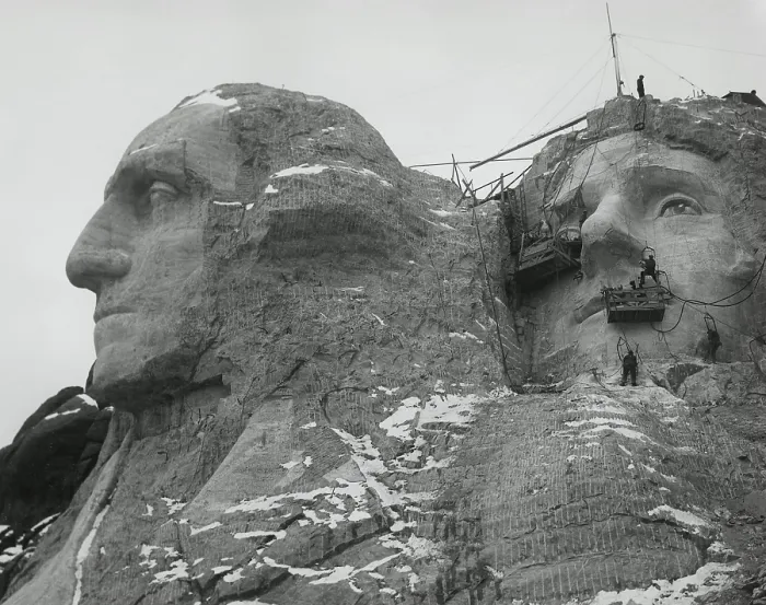 Framed Print : Work continues at Mt. Rushmore in winter, ca. 1935. Heads of Washington and Jefferson are taking shape. Photo by Charles d'Emery. (BSLOC_2013_8_258) Framed Print : Work continues at Mt. Rushmore in winter, ca. 1935. Heads of Washington and Jefferson are taking shape. Photo by Charles d'Emery. (BSLOC_2013_8_258)