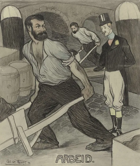 Framed Print : Work, by Jan de Waardt, 1899. Dutch drawing with watercolor paint. Two robust porters pushing wheel barrel at work on a seawall