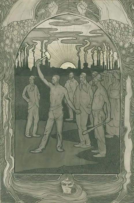 Framed Print : Workers of All Countries Unite, by Jan de Waardt, 1990. Dutch Art Nouveau drawing on cardboard