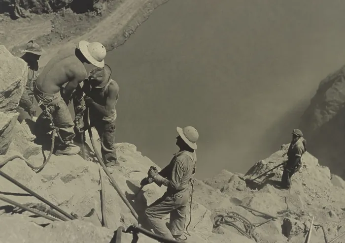 Framed Print : Workers at Boulder Dam site in 1934. They are high scalers drilling on canyon walls above the Colorado River. (BSLOC_2013_7_80)