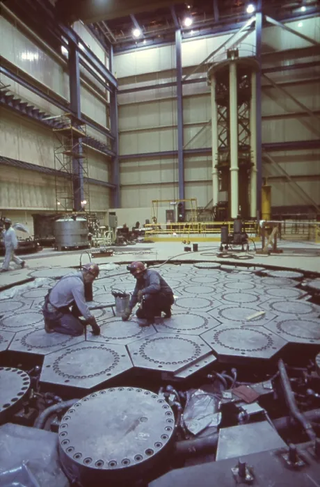 Framed Print : Workers on the refueling floor of the St. Vrain Nuclear Power Plant near Platteville Colorado. The plant operated from 1977-1992. Photo ca. 1973-75