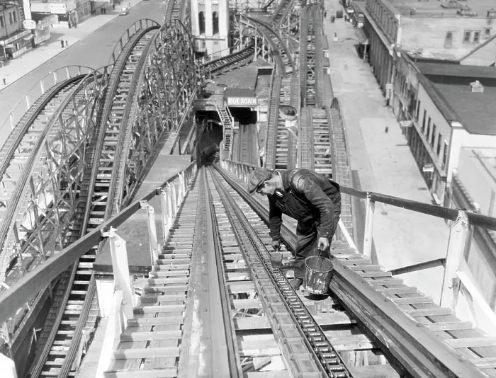 Framed Print : A workman greases up the tracks of the Cyclone roller coaster in Coney Island. New York City, circa March 1936. Courtesy: CSU Archives / Everett Collection Framed Print : A workman greases up the tracks of the Cyclone roller coaster in Coney Island. New York City, circa March 1936. Courtesy: CSU Archives / Everett Collection