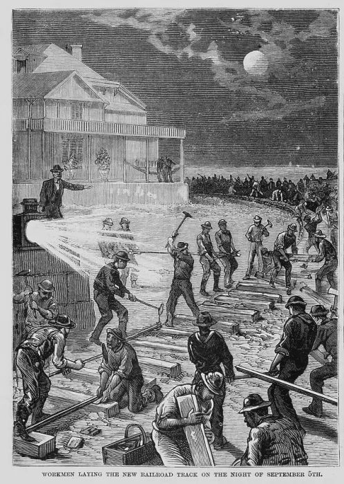 Framed Print : Workmen laying the new railroad track on the night of September 5th. New Jersey, 1881