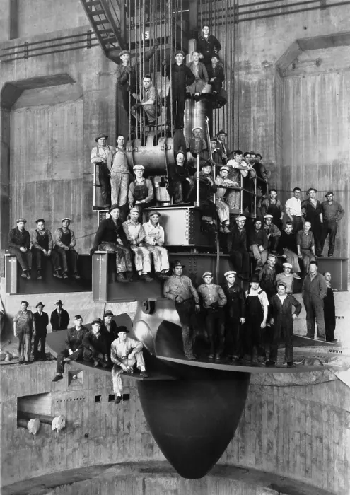 Framed Print : Workmen pose for a group portrait on the giant turbine in the powerhouse of the Bonneville Dam. Ca. 1937 Framed Print : Workmen pose for a group portrait on the giant turbine in the powerhouse of the Bonneville Dam. Ca. 1937