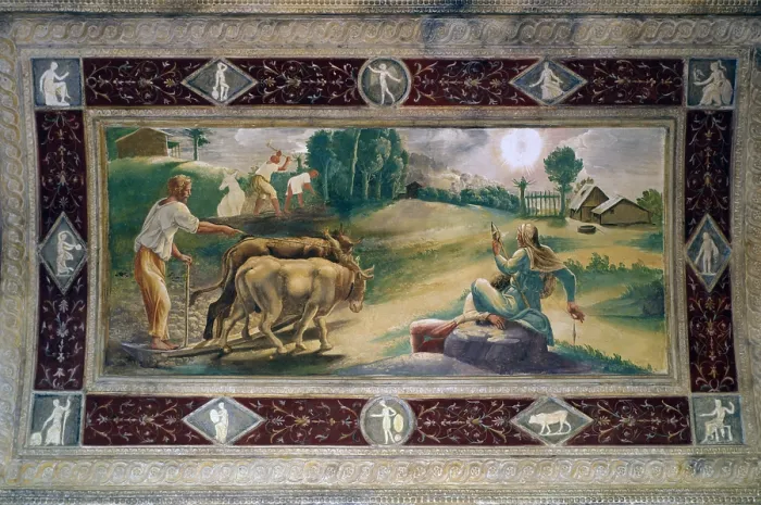 Framed Print : Works in Fields, by Anselmo Guazzi, Agostino da Mozzanega, 1527 - 1528, 16th Century, fresco - Italy, Lombardy, Mantova, Te Palace. Whole artwork view