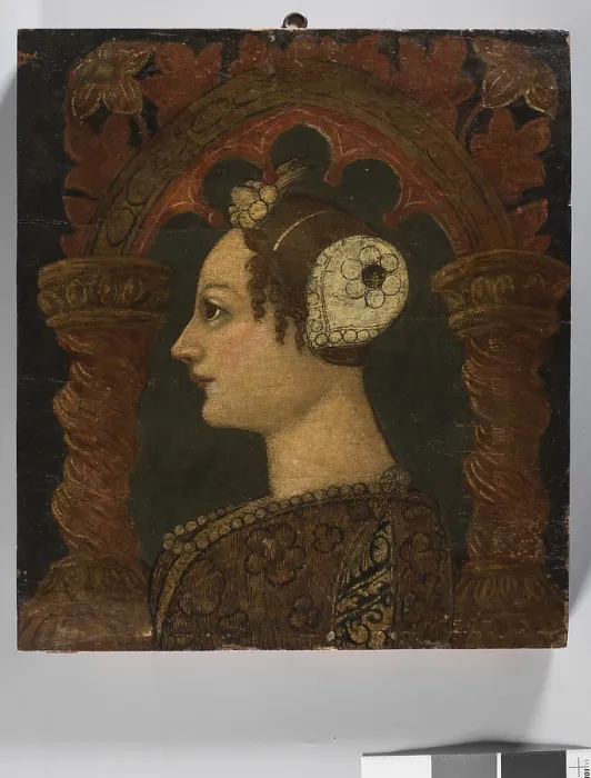 Framed Print : Workshop Beat with Female Portraits in Profile (Bottega di sbacchere con ritratti femminili di profilo), by Bonifacio Bembo, c