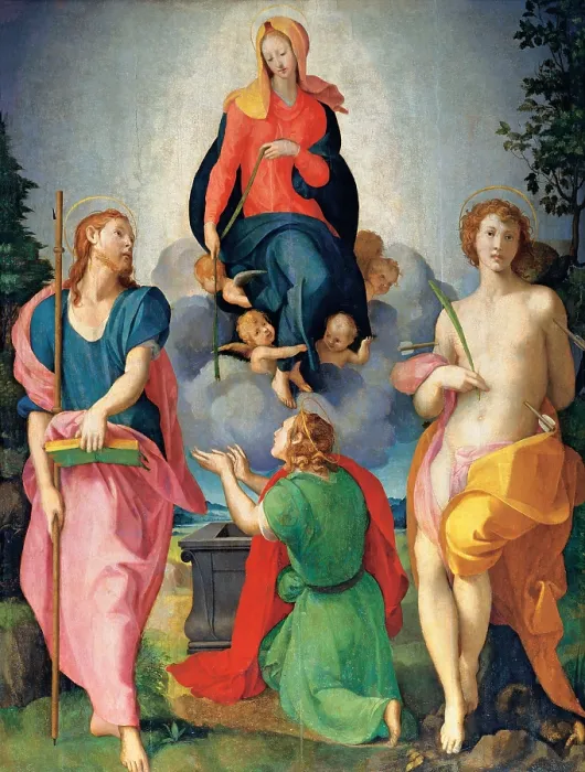 Framed Print : workshop Carrucci Jacopo detto il Pontormo, Madonna of the Girdle between St James and St Sebastian, 16th Century, Unknow, Italy, Tuscany, Florence, Barberino di Mugello