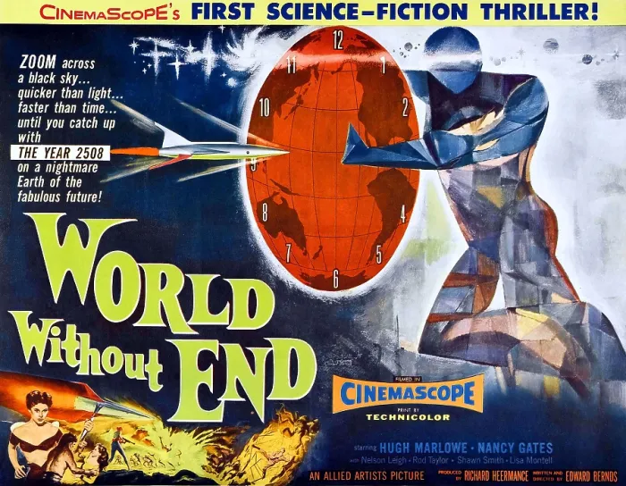 Framed Print : WORLD WITHOUT END, bottom left: Nancy Gates on half-sheet poster art, 1956