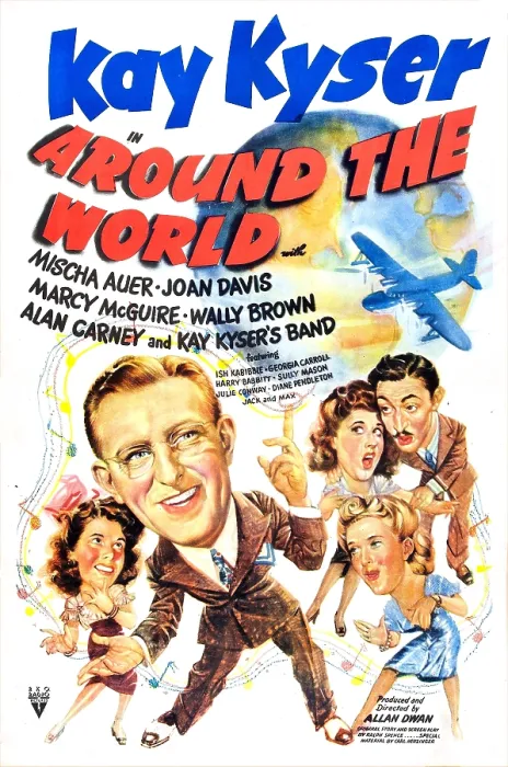 Framed Print : AROUND THE WORLD, US poster, from left: Marcy McGuire, Kay Kyser, Joan Davis, Mischa Auer, Georgia Carroll (far bottom right), 1943