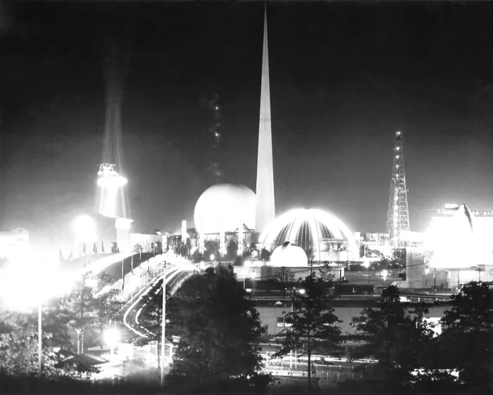 Framed Print : The World of Tomorrow, a night view of World's Fair, New York City. The Perisphere and Trylon were the signature monuments of the exhibition. 1939