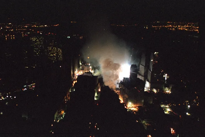Framed Print : The World Trade Center rescue site in New York City is seen the evening of Friday, Sept. 14, 2001. Photo was taken from President George W. Bush's helicopter, Marine One