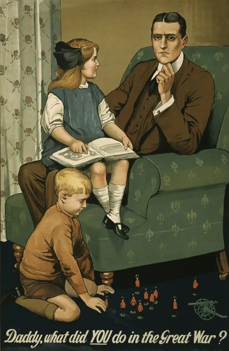 Framed Print : World War 1. 1915 British recruitment poster appealing to men's pride and need for their future family's esteem and approval Framed Print : World War 1. 1915 British recruitment poster appealing to men's pride and need for their future family's esteem and approval