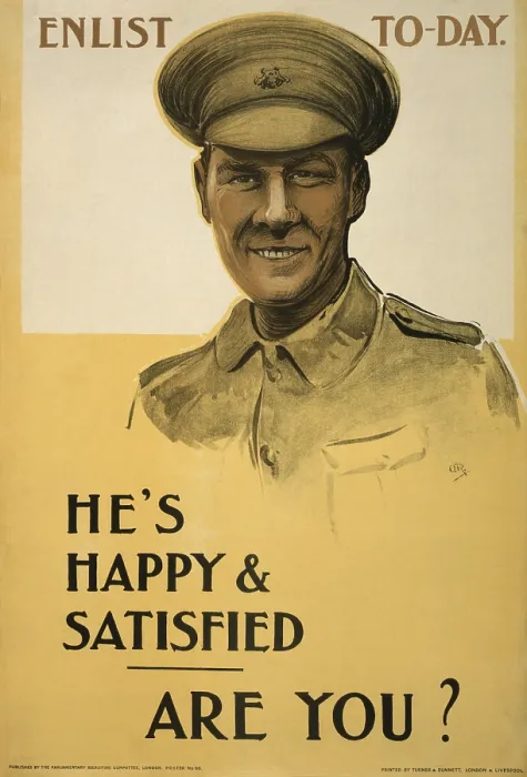 Framed Print : World War 1. 1915 British recruitment poster depicting a happy and satisfied soldier Framed Print : World War 1. 1915 British recruitment poster depicting a happy and satisfied soldier