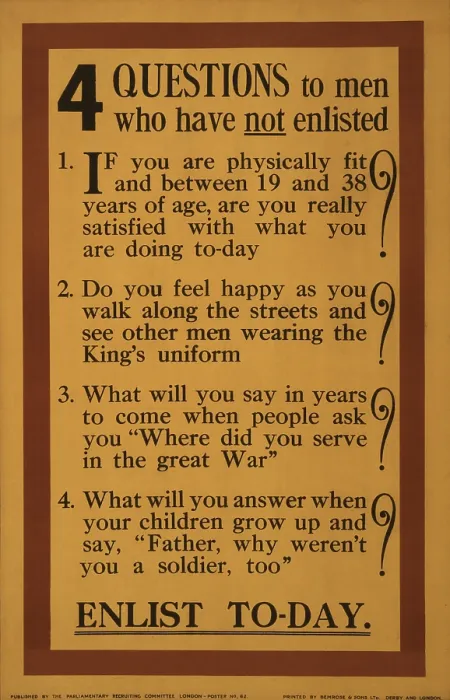 Framed Print : World War 1. 1915 British recruitment poster posing 4 Questions to Men Who Have Not Enlisted