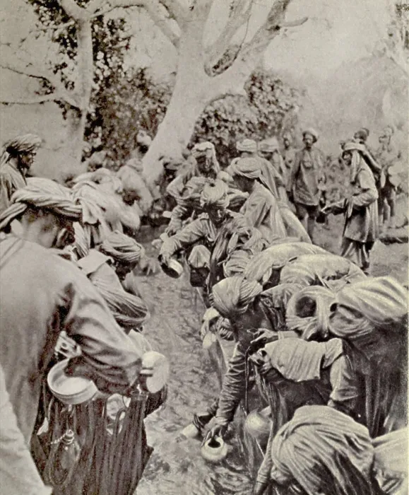 Framed Print : World War 1 in Africa. Indian Sepoys fought for the British in East Africa. Photo shows them crowding around a camp watering trough during the dry season of 1917 Framed Print : World War 1 in Africa. Indian Sepoys fought for the British in East Africa. Photo shows them crowding around a camp watering trough during the dry season of 1917