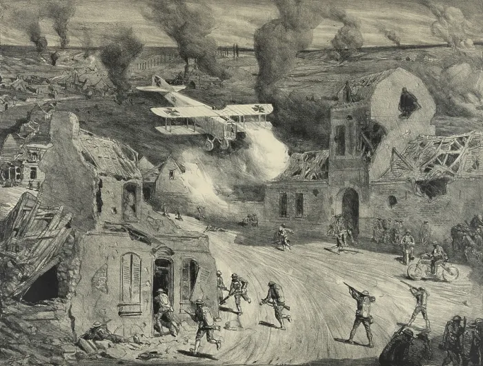 Framed Print : World War 1. American marines attacked by a German airplane at Vierzy during Soissons attack. After suffering 43% casualties, the Marines were relieved by French forces Framed Print : World War 1. American marines attacked by a German airplane at Vierzy during Soissons attack. After suffering 43% casualties, the Marines were relieved by French forces