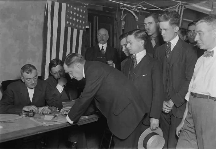 Framed Print : World War 1. American men register for the military draft in New York City. 1917 Framed Print : World War 1. American men register for the military draft in New York City. 1917