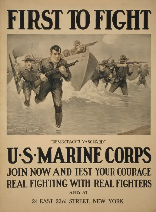 Framed Print : World War 1. American recruiting poster showing marines storming a beach