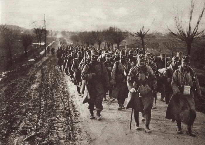 Framed Print : World War 1. An Austrian invading column marching through the flat country of Eastern Europe. Ca. 1914-17 Framed Print : World War 1. An Austrian invading column marching through the flat country of Eastern Europe. Ca. 1914-17