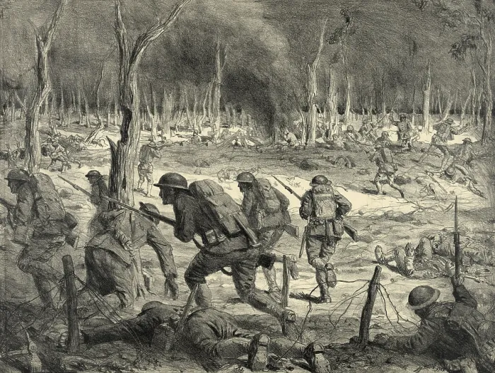 Framed Print : World War 1: Battle of the Argonne Forest. An infantry attack by American troops in woods of the Argonne Forest fought from Sept. 26, 1918, until the Armistice, Nov. 11, 1918