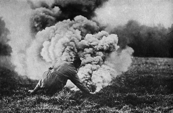 Framed Print : World War 1: Battle of the Argonne Forest. An American officer setting off a smoke producer, forming a screen through which the infantry will advance. The battle ran from Sept