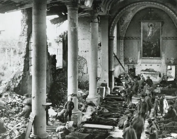 Framed Print : World War 1: Battle of Argonne Forest. A shattered church in the ruins of Neuvilly, close to the Forest of Argonne, furnished temporary shelter for American wounded Framed Print : World War 1: Battle of Argonne Forest. A shattered church in the ruins of Neuvilly, close to the Forest of Argonne, furnished temporary shelter for American wounded