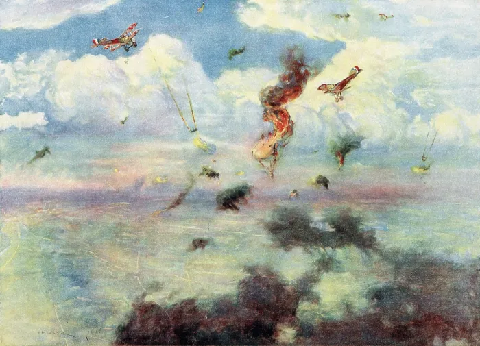 Framed Print : World War 1: Battle of Verdun. A German observation balloon falling in flames over the Verdun battlefield after an attack by French airplanes. May 1916