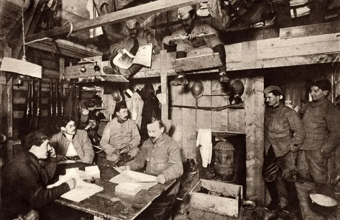 Framed Print : World War 1: Battle of Verdun. French officers working on their maps and reports in a heated dugout near Verdun on the Western Front. Ca. 1915-17. (BSLOC_2013_1_91) Framed Print : World War 1: Battle of Verdun. French officers working on their maps and reports in a heated dugout near Verdun on the Western Front. Ca. 1915-17. (BSLOC_2013_1_91)