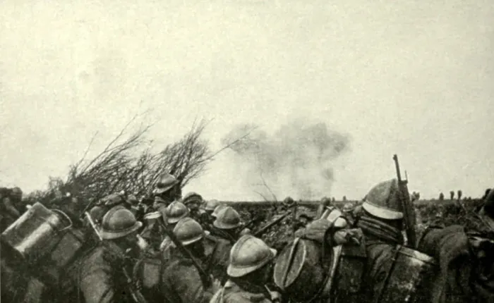 Framed Print : World War 1: Battle of Verdun. In the first days of the battle, the French infantry watch the retreating Germans rear guard in the distance