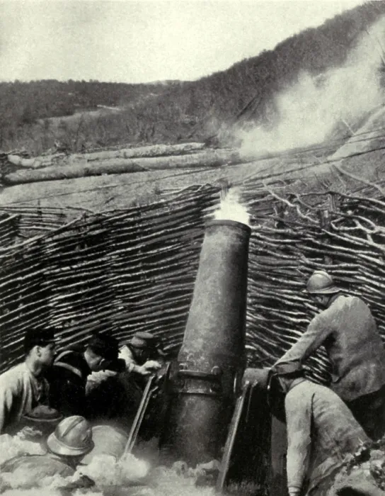 Framed Print : World War 1: Battle of Verdun. French mortar firing an eleven hundred pound shell over a hill into a German troops Framed Print : World War 1: Battle of Verdun. French mortar firing an eleven hundred pound shell over a hill into a German troops