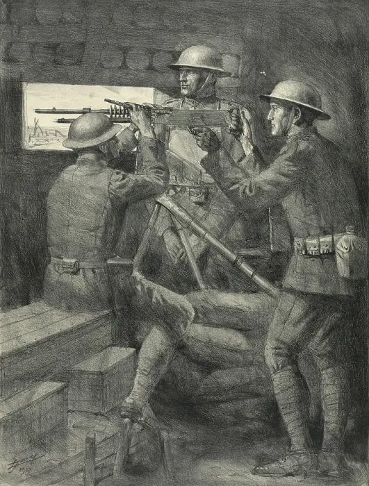 Framed Print : World War 1: Battle of Verdun. A U.S. machine gun emplacement in the Verdun trenches. 1927 lithograph by Lucian Jonas. (BSLOC_2013_1_111) Framed Print : World War 1: Battle of Verdun. A U.S. machine gun emplacement in the Verdun trenches. 1927 lithograph by Lucian Jonas. (BSLOC_2013_1_111)