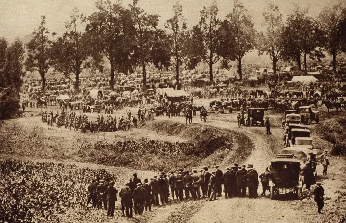 Framed Print : World War 1. Belgian prisoners gathered in a hollow by German invaders of Vise, Belgium Framed Print : World War 1. Belgian prisoners gathered in a hollow by German invaders of Vise, Belgium