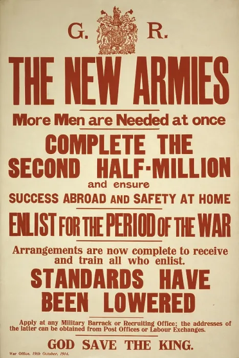 Framed Print : World War 1. British recruiting poster issued by the War Office in October 1914. Britain relied on volunteers until the March 1916, when conscription was introduced Framed Print : World War 1. British recruiting poster issued by the War Office in October 1914. Britain relied on volunteers until the March 1916, when conscription was introduced