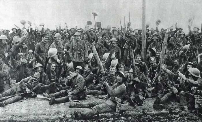 Framed Print : World War 1. British soldiers celebrating their capture of German trenches at St. Eloi, near Ypres, Belgium