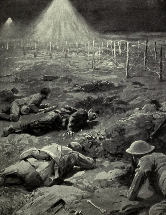 Framed Print : World War 1. British soldiers creeping through no man's land to raid the enemy's trench