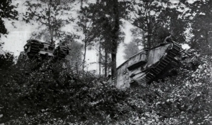 Framed Print : World War 1. British tank in action on the Cambrai Battlefield tackling a wooded area. Nov. 20-Dec. 8, 1917. (BSLOC_2013_1_149)