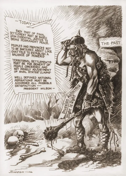 Framed Print : World War 1 cartoon of a barbaric Prussian soldier looks towards a bright light emanating from a document which paraphrases President Wilson's Fourteen Points