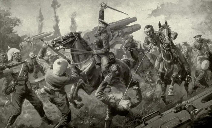 Framed Print : World War 1. Charge of the Ninth Lancers during the Great Retreat from Mons to Cambrai attacking a German battery of eleven guns. August 25, 1914