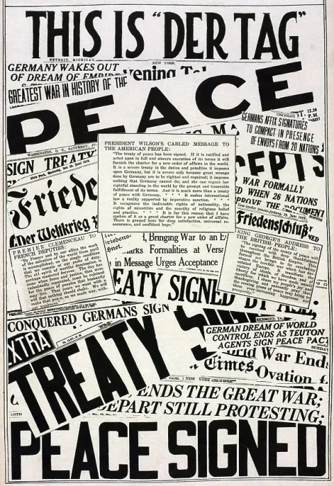 Framed Print : World War 1. The collage of Newspaper headlines and articles announcing the signing of the Versailles Peace Treaty Framed Print : World War 1. The collage of Newspaper headlines and articles announcing the signing of the Versailles Peace Treaty