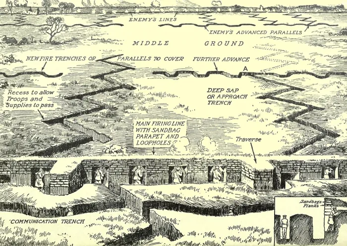 Framed Print : World War 1. Diagram of a typical trench complex on the Western front. Ca. 1915-18 Framed Print : World War 1. Diagram of a typical trench complex on the Western front. Ca. 1915-18