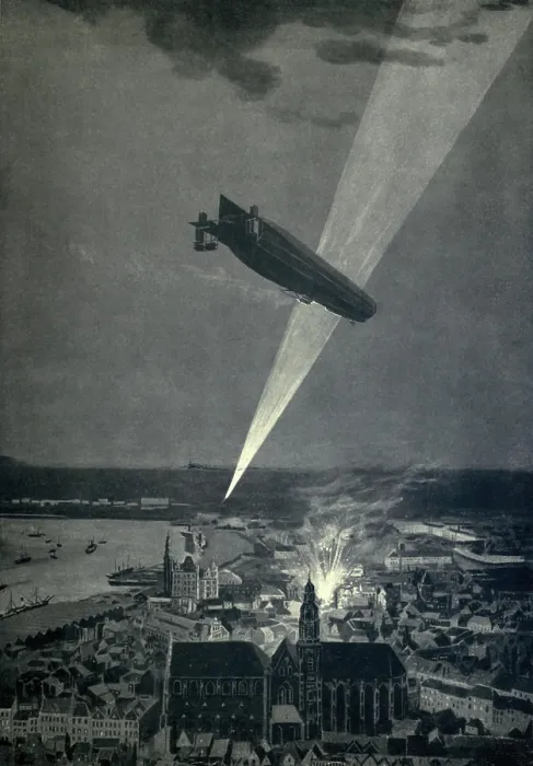 Framed Print : World War 1. First use of a German Zeppelin to drop bombs occurred on Aug. 24, 1914
