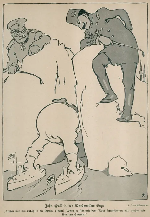 Framed Print : World War 1. German cartoon of Britain's symbol, John Bull, stuck in the Dardanelles. Turkey and Germany watch as Britain gets wedged into the straits