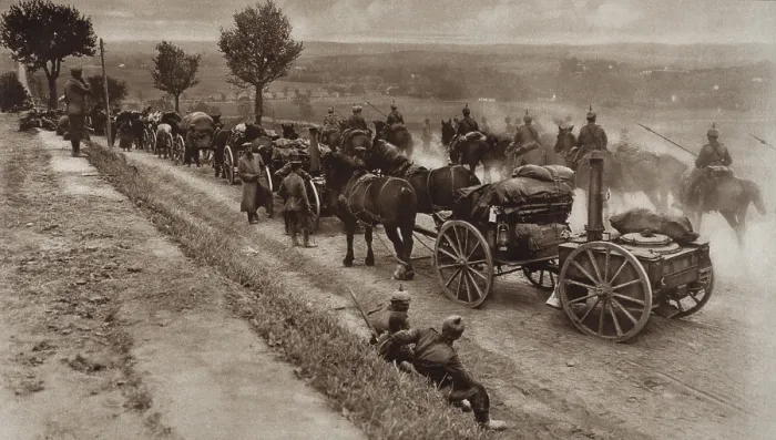 Framed Print : World War 1. German invaders of Belgium came in long trains of supplies, such as these horse drawn field kitchens. 1914 Framed Print : World War 1. German invaders of Belgium came in long trains of supplies, such as these horse drawn field kitchens. 1914