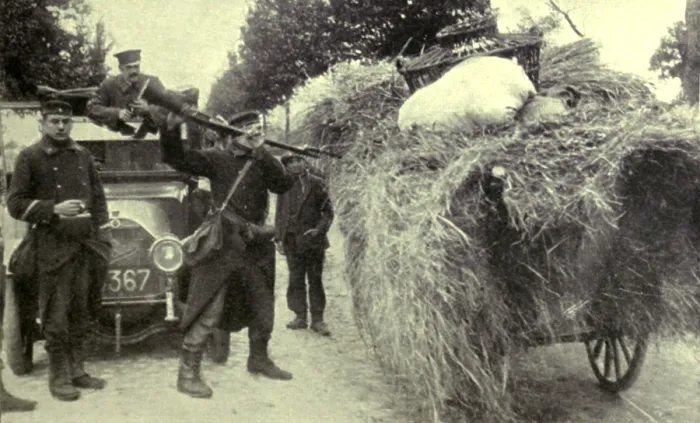 Framed Print : World War 1. German invasion troops searching for Belgian guerrilla fighters in Aarschot. Germans executed 156 civilians in Aarschot in 1914