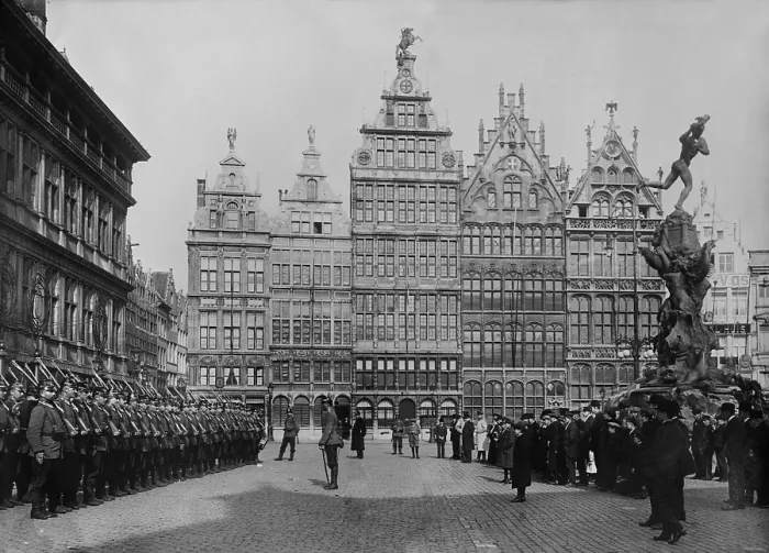 Framed Print : World War 1. German Landsturm (militia) troops, in occupied Antwerp. They are in front of the City Hall, with the Flemish renaissance style Guild Houses in the background. 1914-15
