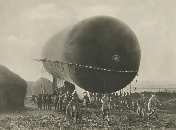 Framed Print : World War 1 German observation balloon being moved into position to be raised over the farmland of Champagne, France (BSLOC_2020_2_121)