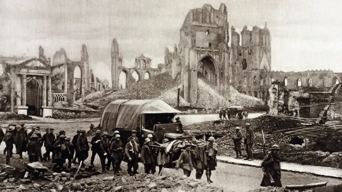 Framed Print : World War 1. German prisoners being marched through the ruins of city of Ypres after the Battle of Menin Road, September 20-25, 1917