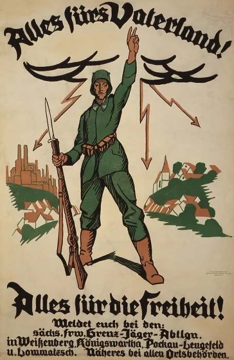 Framed Print : World War 1. German recruiting poster showing a German soldier with rifle in one hand and the other raised in the V sign Framed Print : World War 1. German recruiting poster showing a German soldier with rifle in one hand and the other raised in the V sign