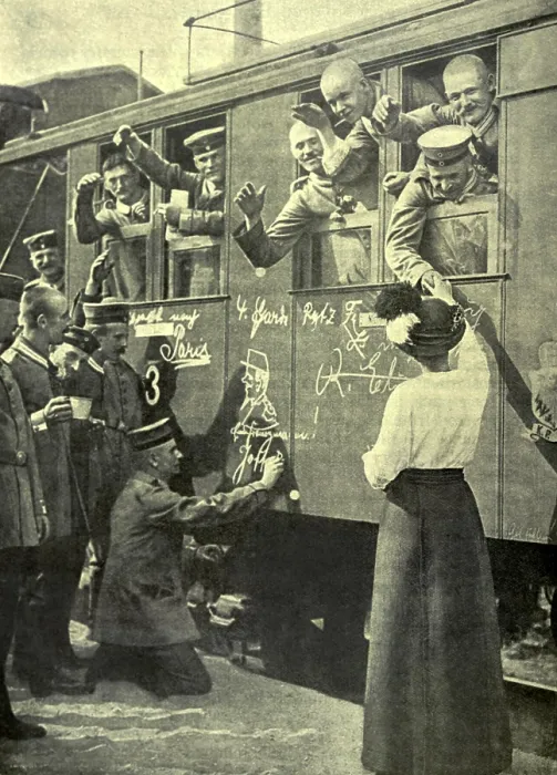 Framed Print : World War 1. German soldiers on a train bound for the Western Front in the first days of the war Framed Print : World War 1. German soldiers on a train bound for the Western Front in the first days of the war