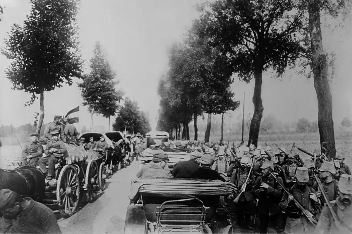 Framed Print : World War 1. German soldiers on the way to the front Belgium during World War I. 1914
